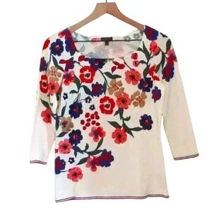 Talbots Women Lightweight 3/4 Sleeves Sweater Size XS Cream Floral Career Casual